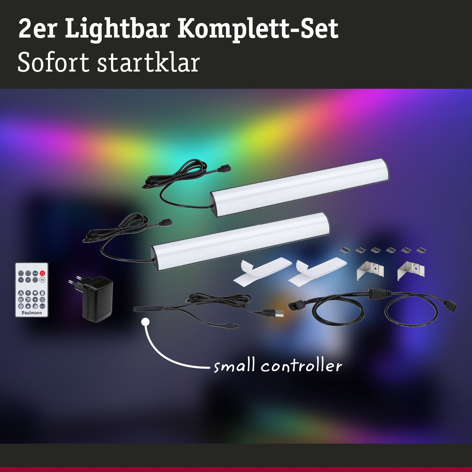 LED lightbar RGB dimbar 60 cm 2-pakning med fjernkontroll - Paulmann USB-kabel