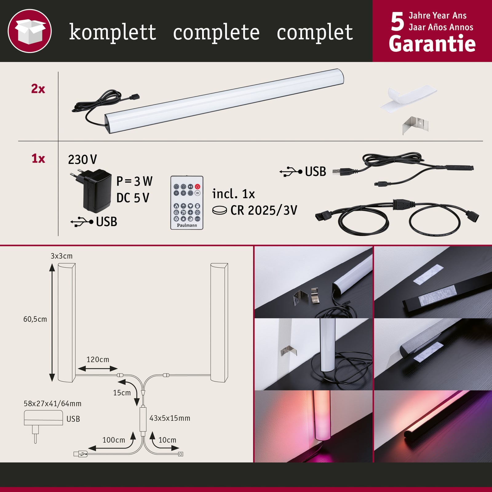 LED lightbar RGB dimbar 60 cm 2-pakning med fjernkontroll - Paulmann lys i mørke