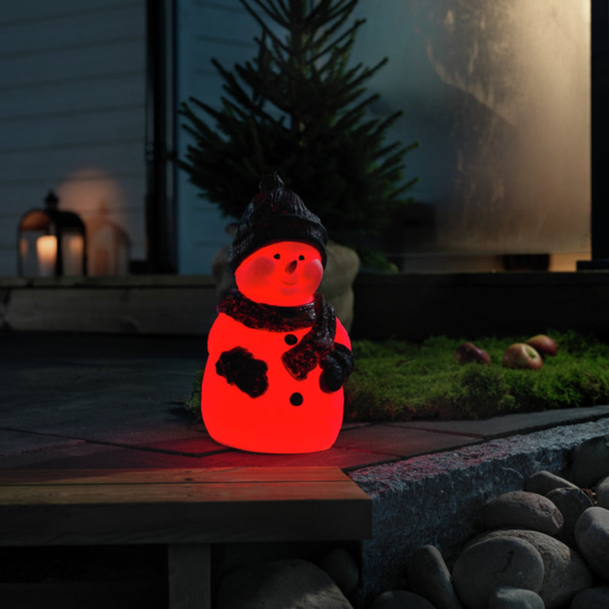 LED-lysfigur snømann RGB fargeskiftende 38 cm IP44 detalj av lys