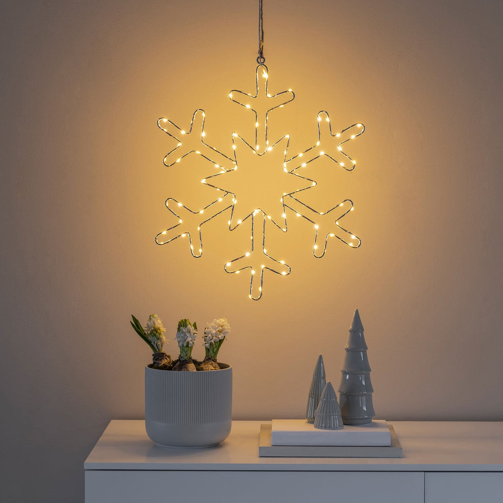 LED-lysfigur snøfnugg sølv metall 48 cm 100 LED detalj