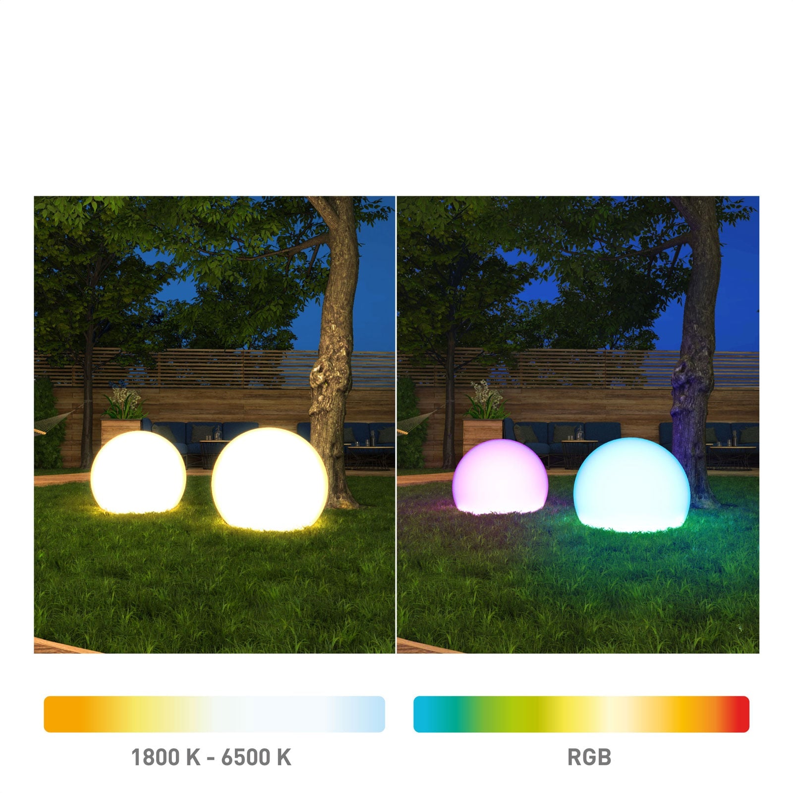 Detalj av LED lyskule Calluna Ø35 cm RGB dimbar IP44 tint