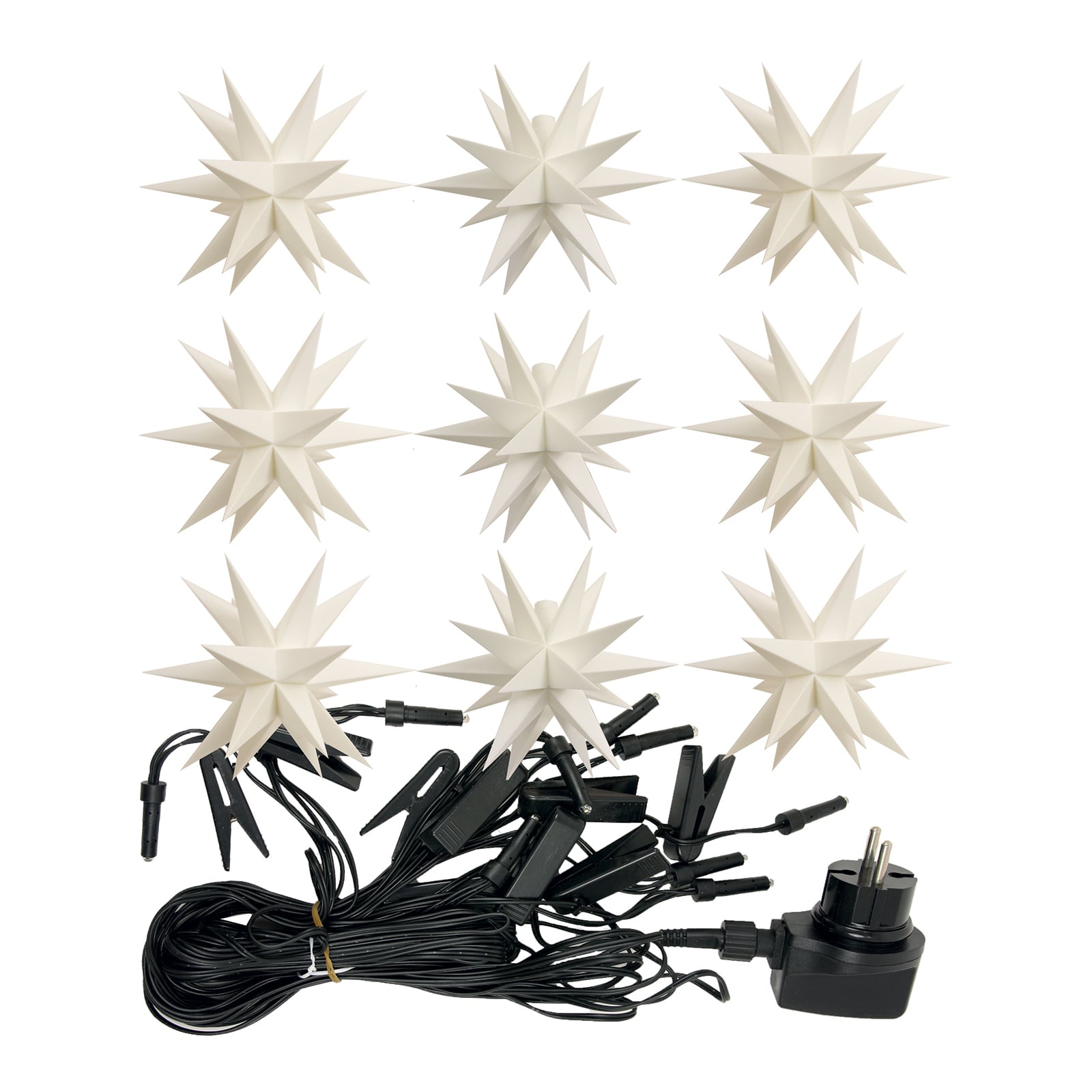 Pakkens innhold for LED-lyslenke med 9 stjerner hvit IP44 800 cm - STERNTALER
