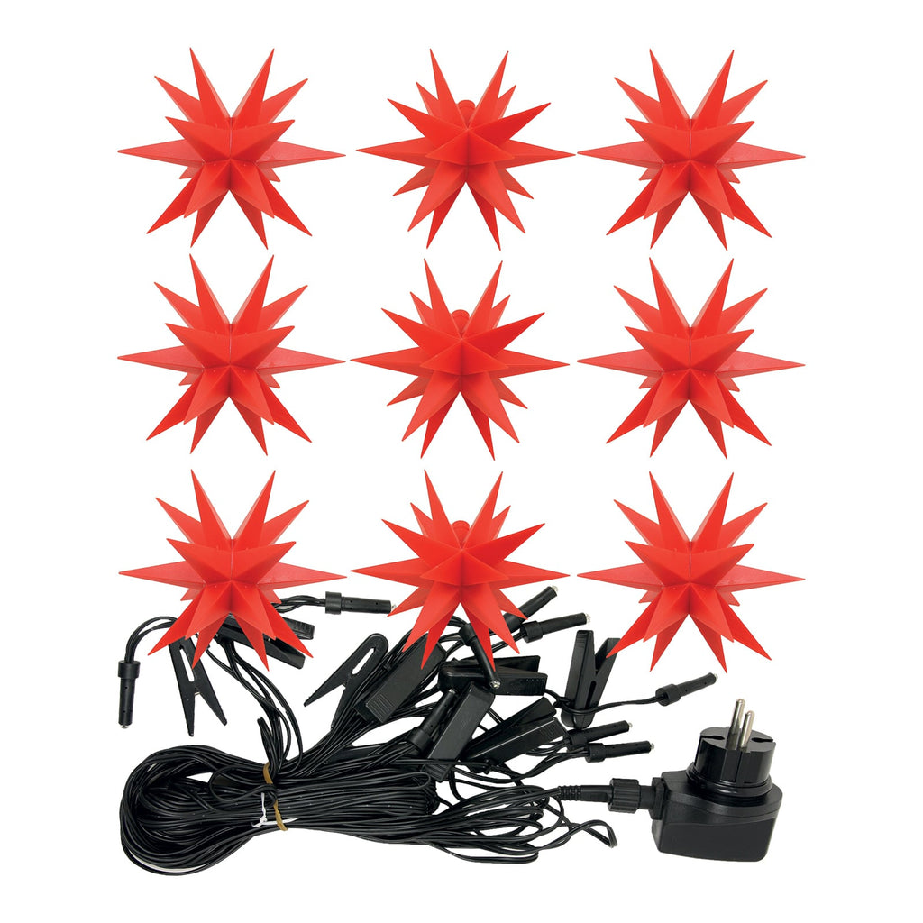 LED-lyslenke med 9 stjerner rød 8 m IP44 utendørs - STERNTALER transformator og kabel