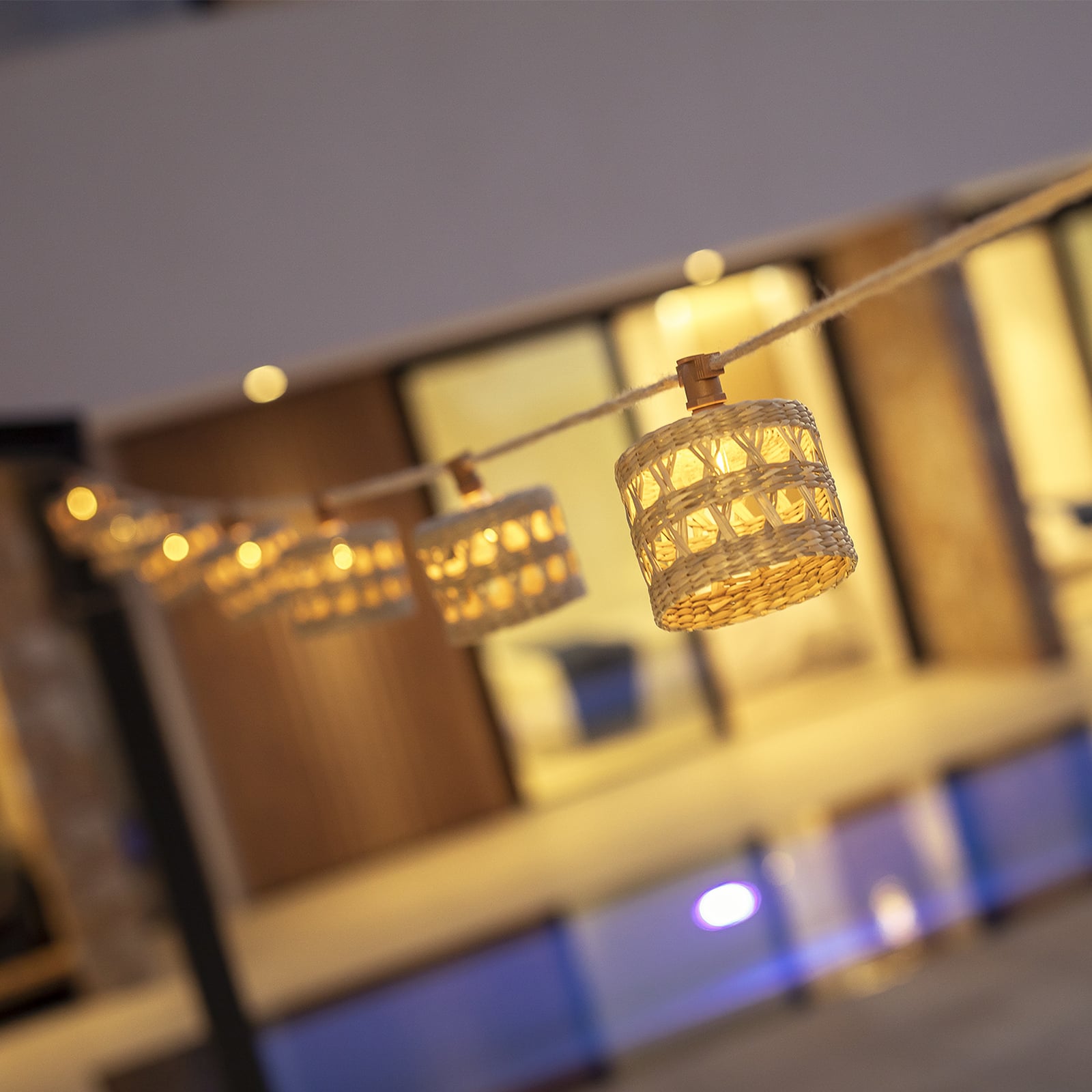 LED lyslenke Alba med naturfiberskjermer 10-lys IP44 detalj av skjerm