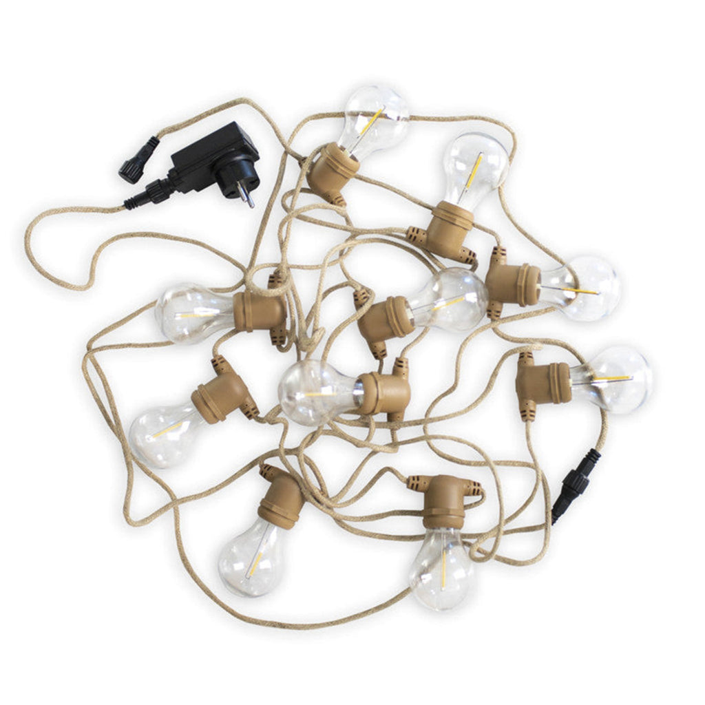 LED lyslenke Allegra med jutekabel 10-lys E27 IP44 detalj av lyskilder