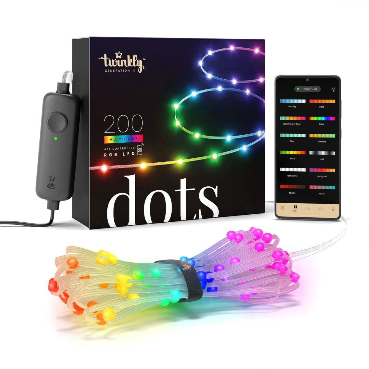 LED-lyslenke Dots RGB dimbar transparent 200 LED 10 m IP44 appstyring skjermbilde