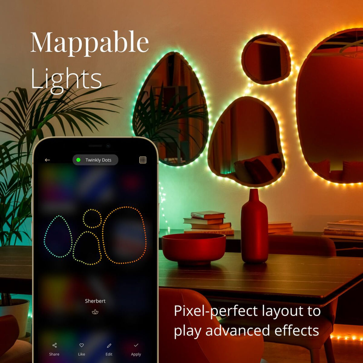 LED-lyslenke Dots RGB dimbar transparent 200 LED 10 m IP44 lys i mørket