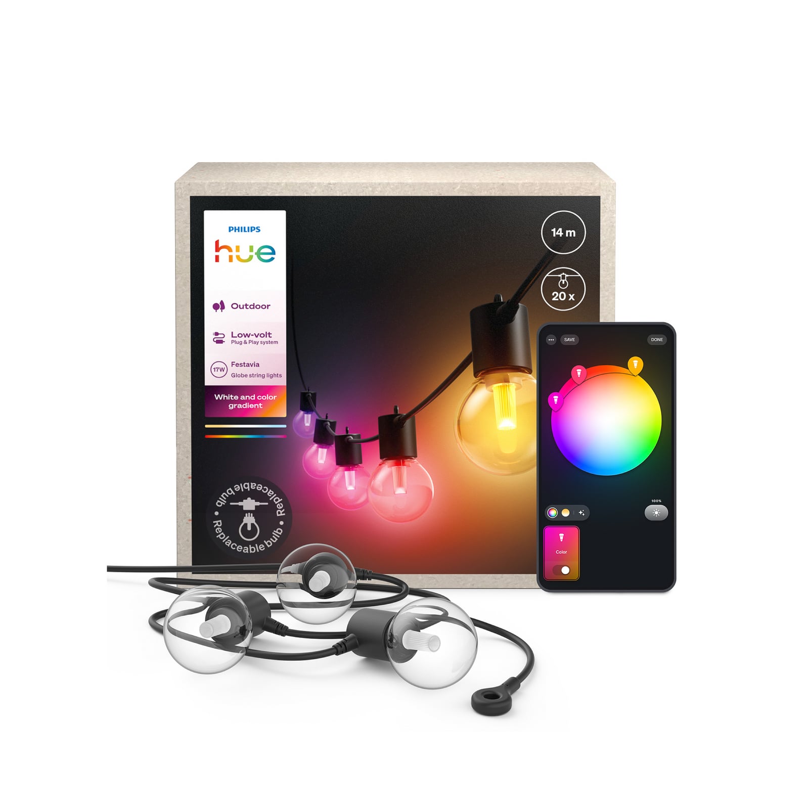 LED lyslenke Festavia Globe 20 lys 14 m RGB IP65 med farger og lysstyrke