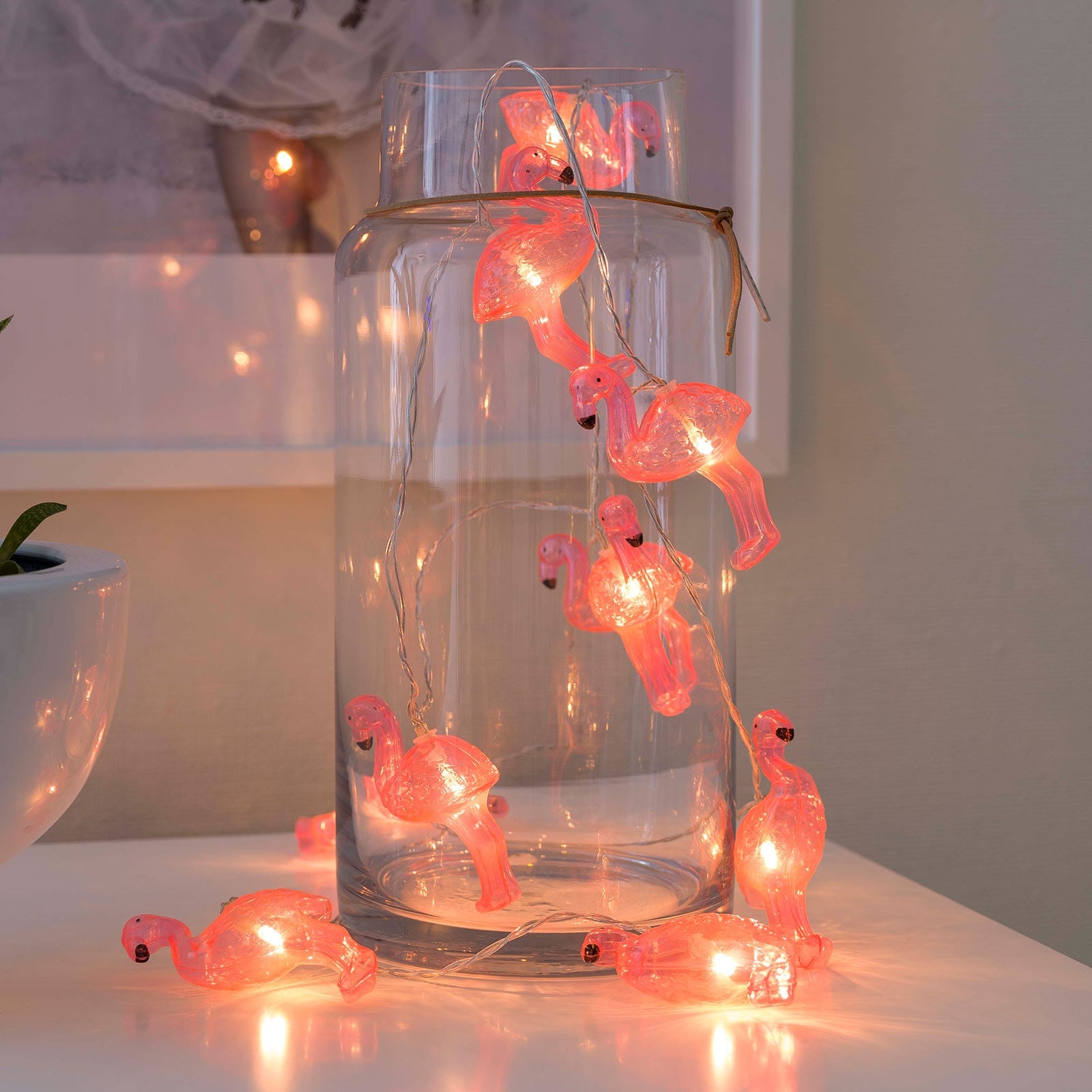 LED lyslenke flamingoer 10 lys batteridrevet varmhvit 180 cm foran