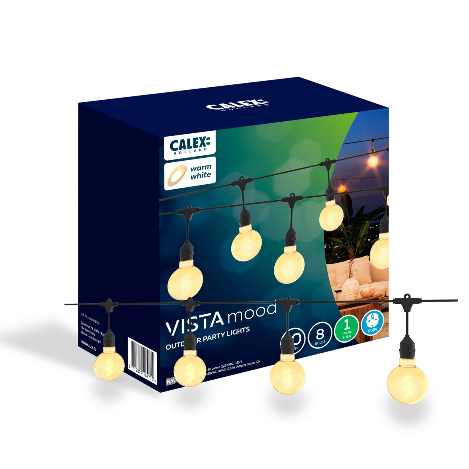 Nærbilde av LED-pære på LED-lyslenke Vista XL 10 m dimbar med fjernkontroll IP44 fra Calex
