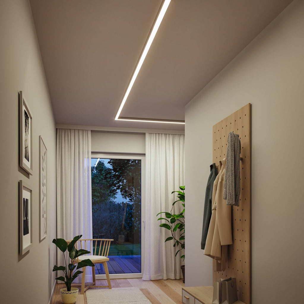 Detalj av LED lysliste Linion matt krom 90° hjørne dimbar 3000K Paulmann