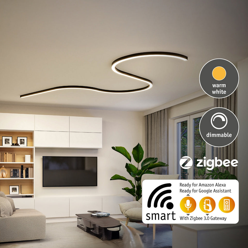 LED lysliste Linion svart 100 cm dimbar Zigbee Paulmann pendelmontasje eksempel
