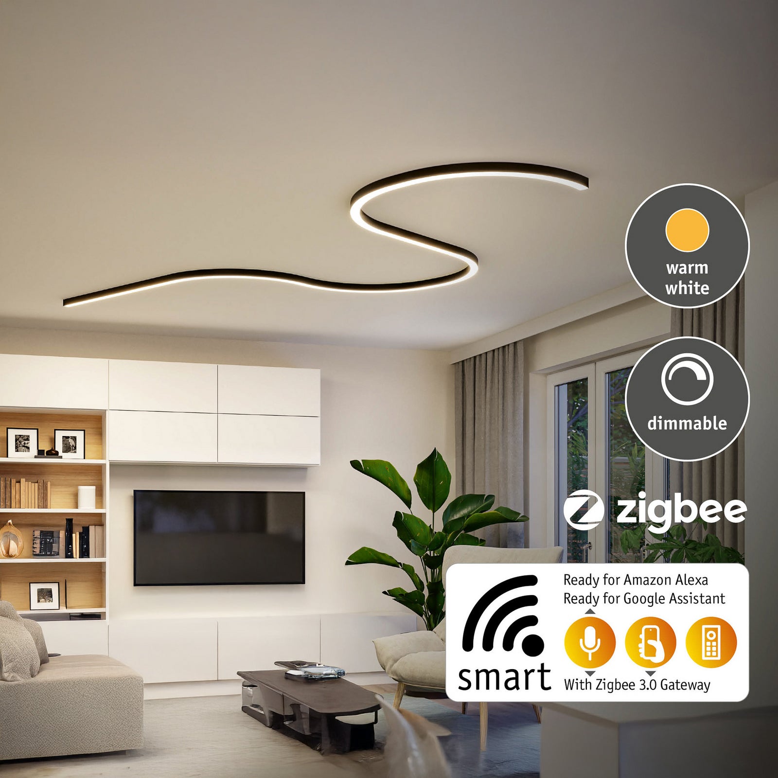 LED lysliste Linion svart 100 cm dimbar Zigbee Paulmann pendelmontasje eksempel