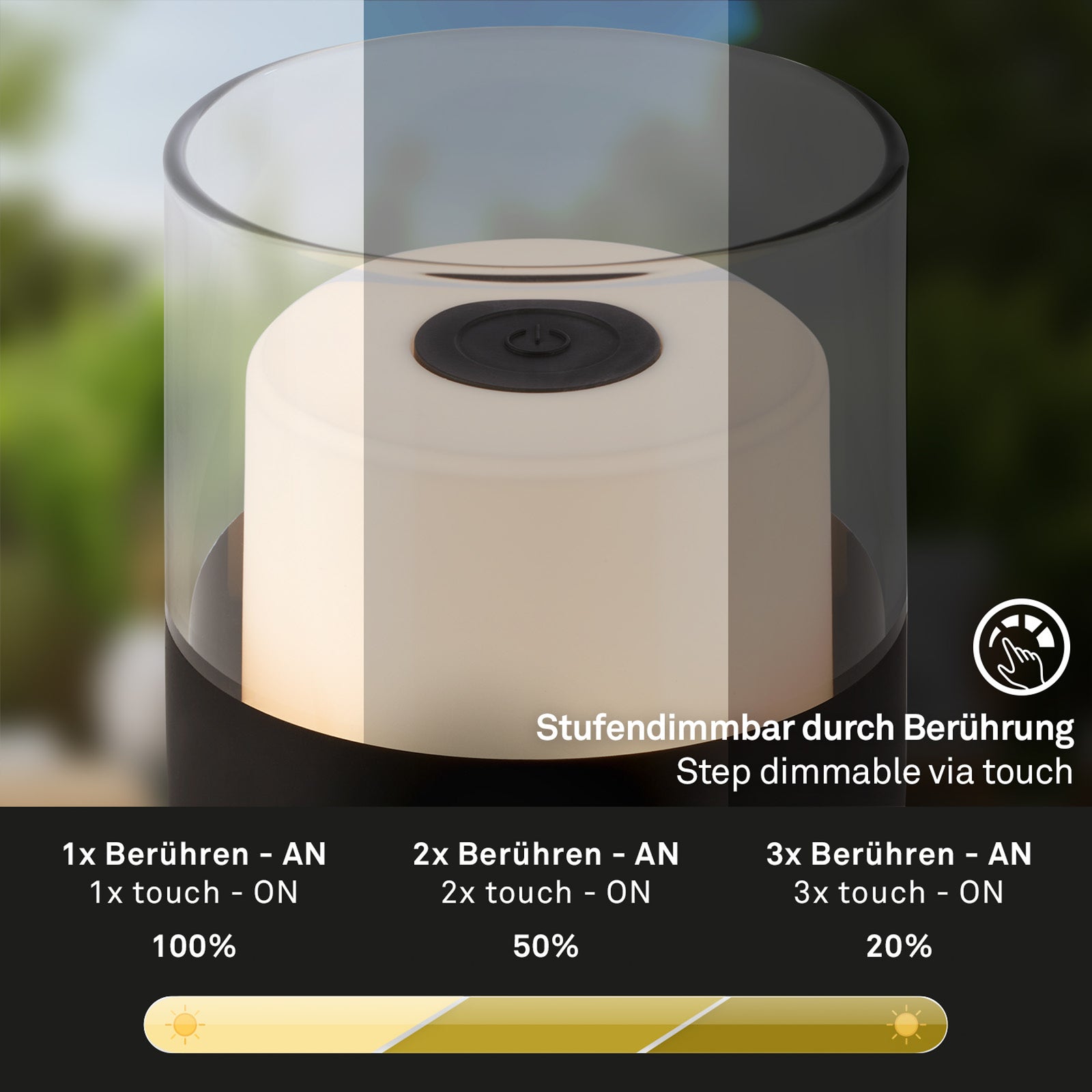 LED oppladbar bordlampe 7483 dimbar svart IP44 Ø9 cm nærbilde av lampehode