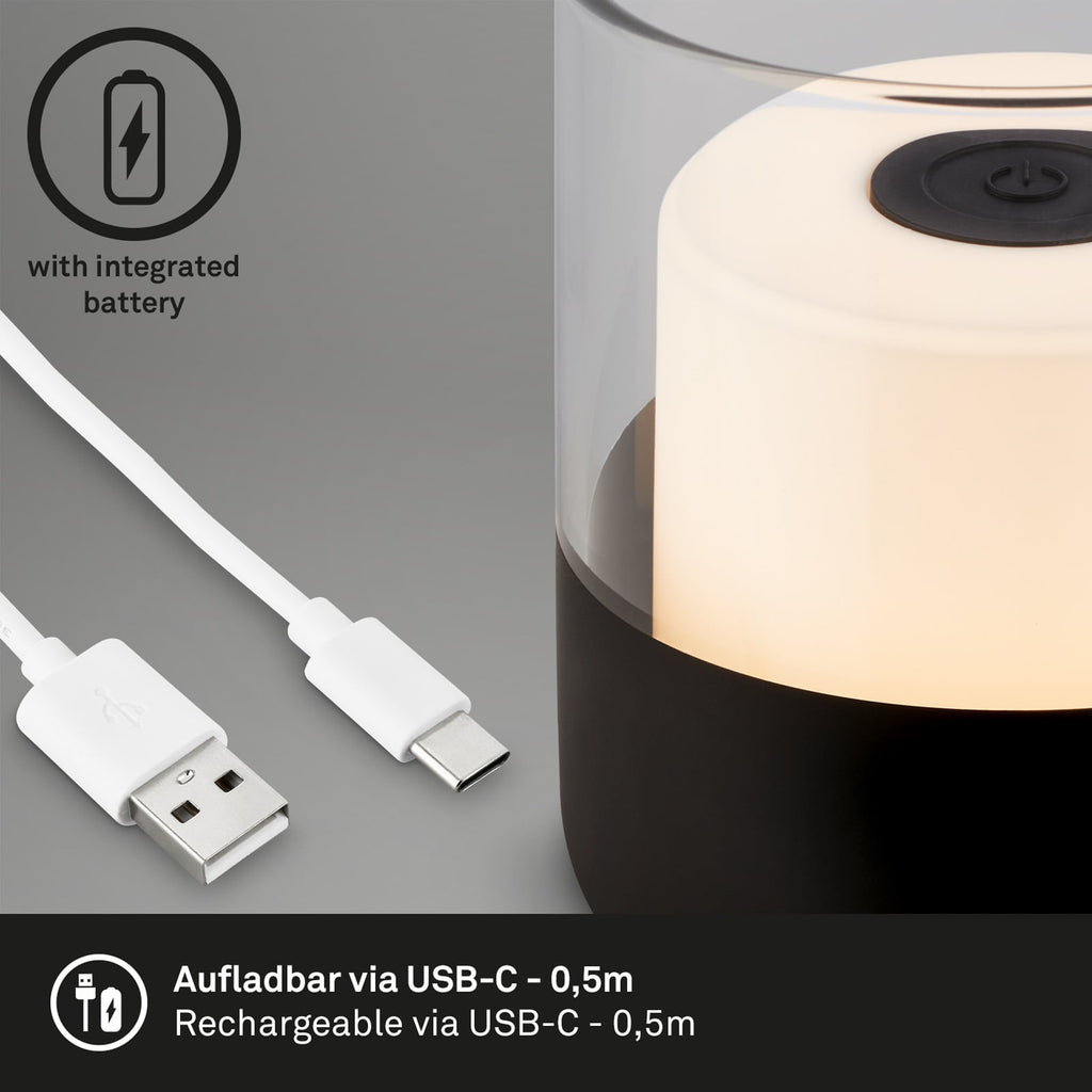 LED oppladbar bordlampe 7483 dimbar svart IP44 Ø9 cm USB ladekabel
