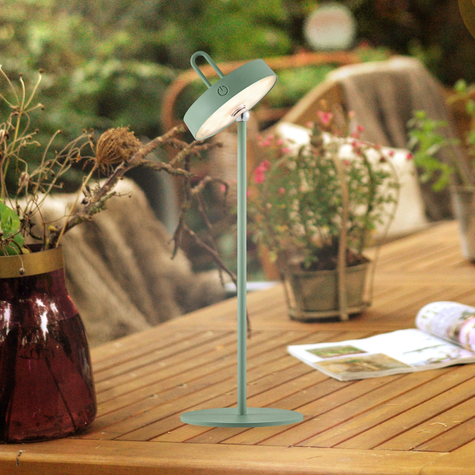 LED oppladbar bordlampe Amag grønn jern 47 cm dimbar IP44 forfra