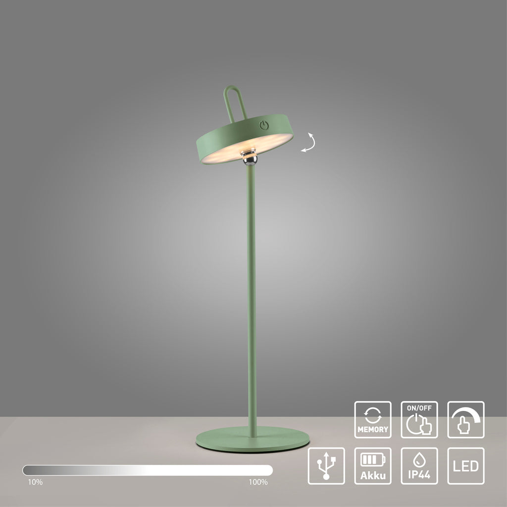 LED oppladbar bordlampe Amag grønn jern 47 cm dimbar IP44 touchdimmer detalj