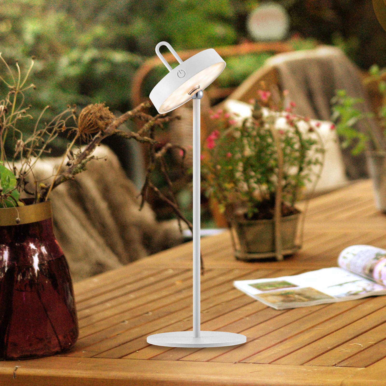 LED oppladbar bordlampe Amag hvit jern H47 cm dimbar IP44 forfra