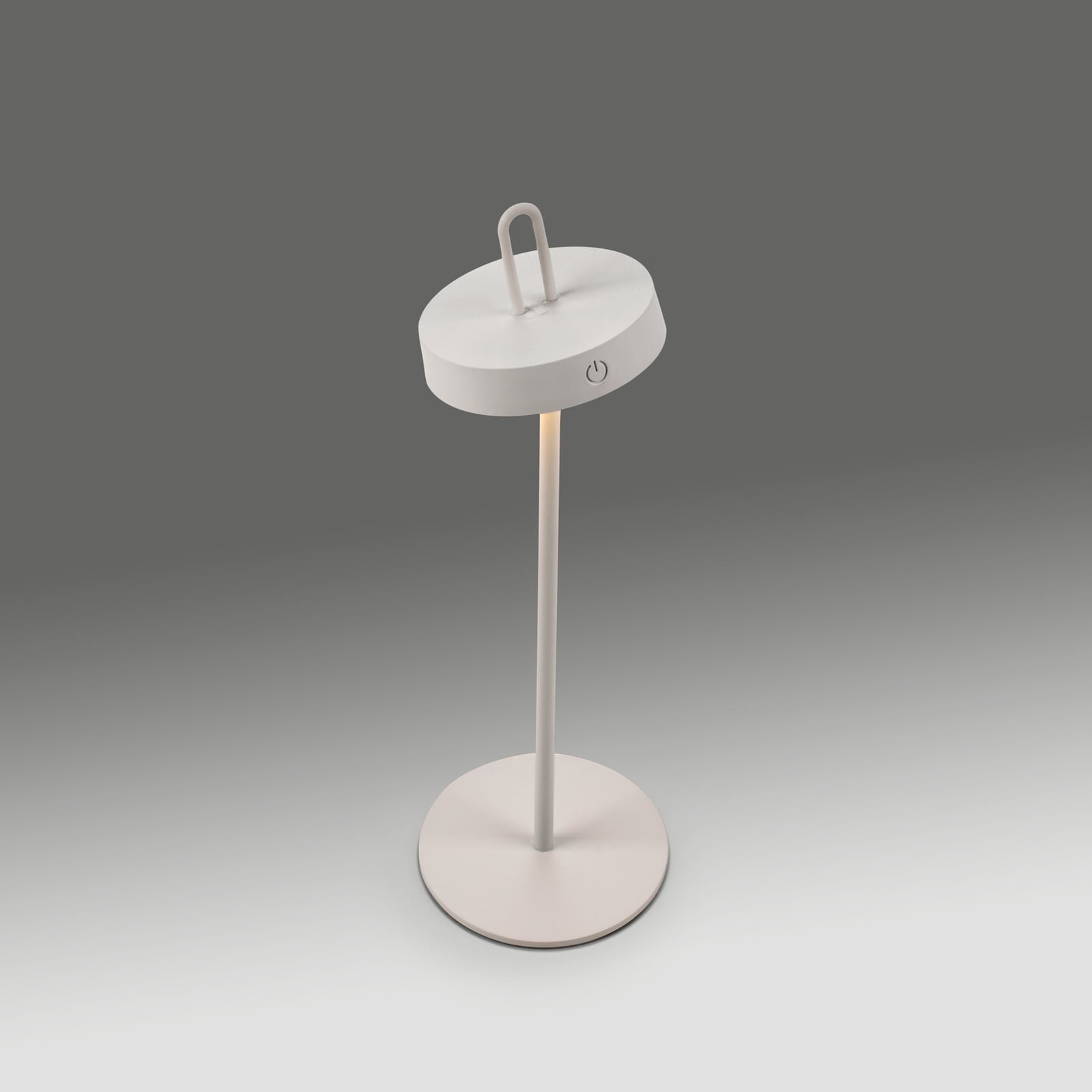 LED oppladbar bordlampe Amag hvit jern nærbilde av dimmer