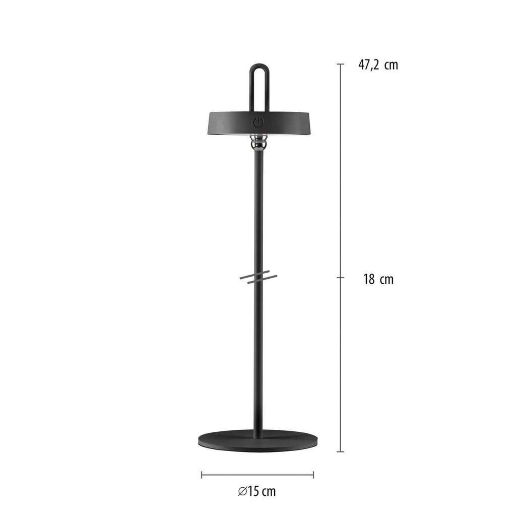 LED oppladbar bordlampe Amag svart jern dimbar IP44 montert på bord