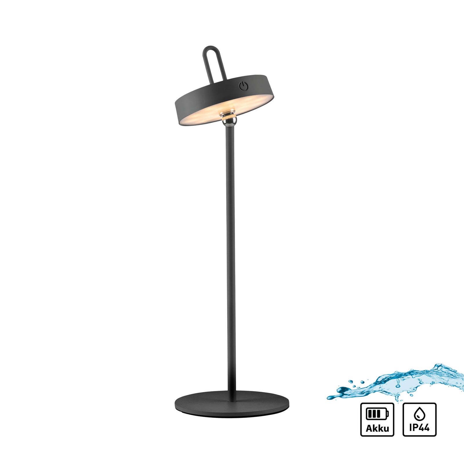 LED oppladbar bordlampe Amag svart jern dimbar IP44 i bruk utendørs