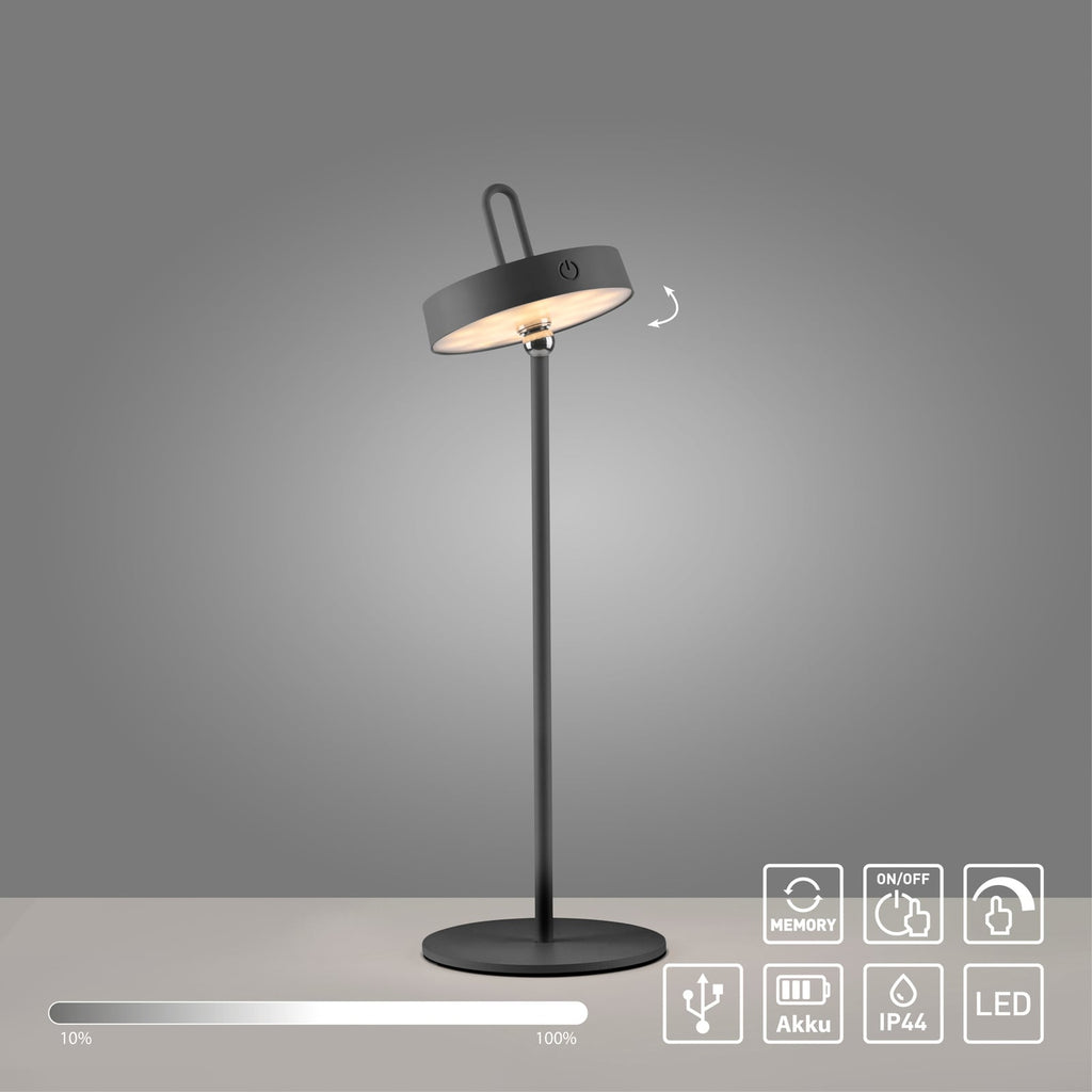 Oversikt over LED oppladbar bordlampe Amag svart jern dimbar IP44 og tilbehør
