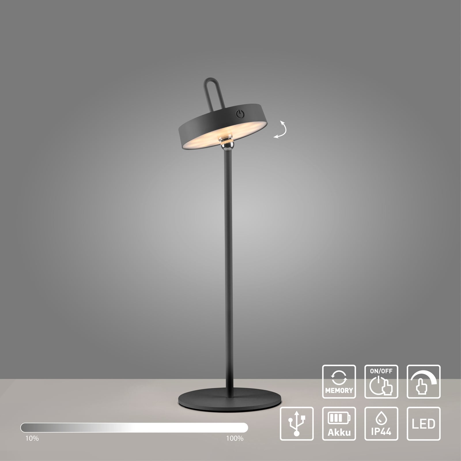 Oversikt over LED oppladbar bordlampe Amag svart jern dimbar IP44 og tilbehør
