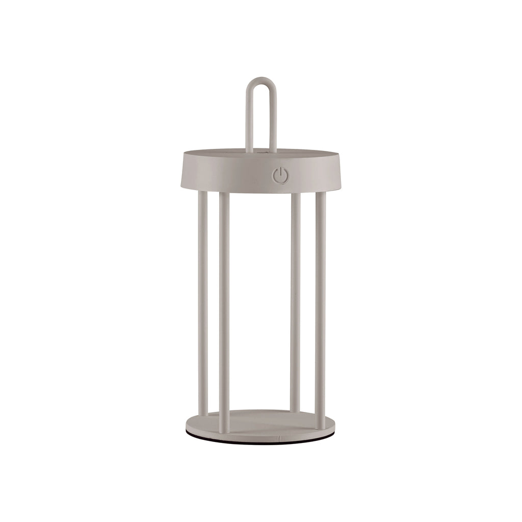 LED oppladbar bordlampe Anselm jern gråbeige montert i stue