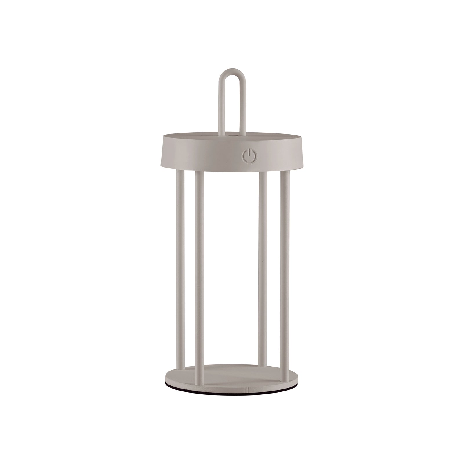 LED oppladbar bordlampe Anselm jern gråbeige montert i stue