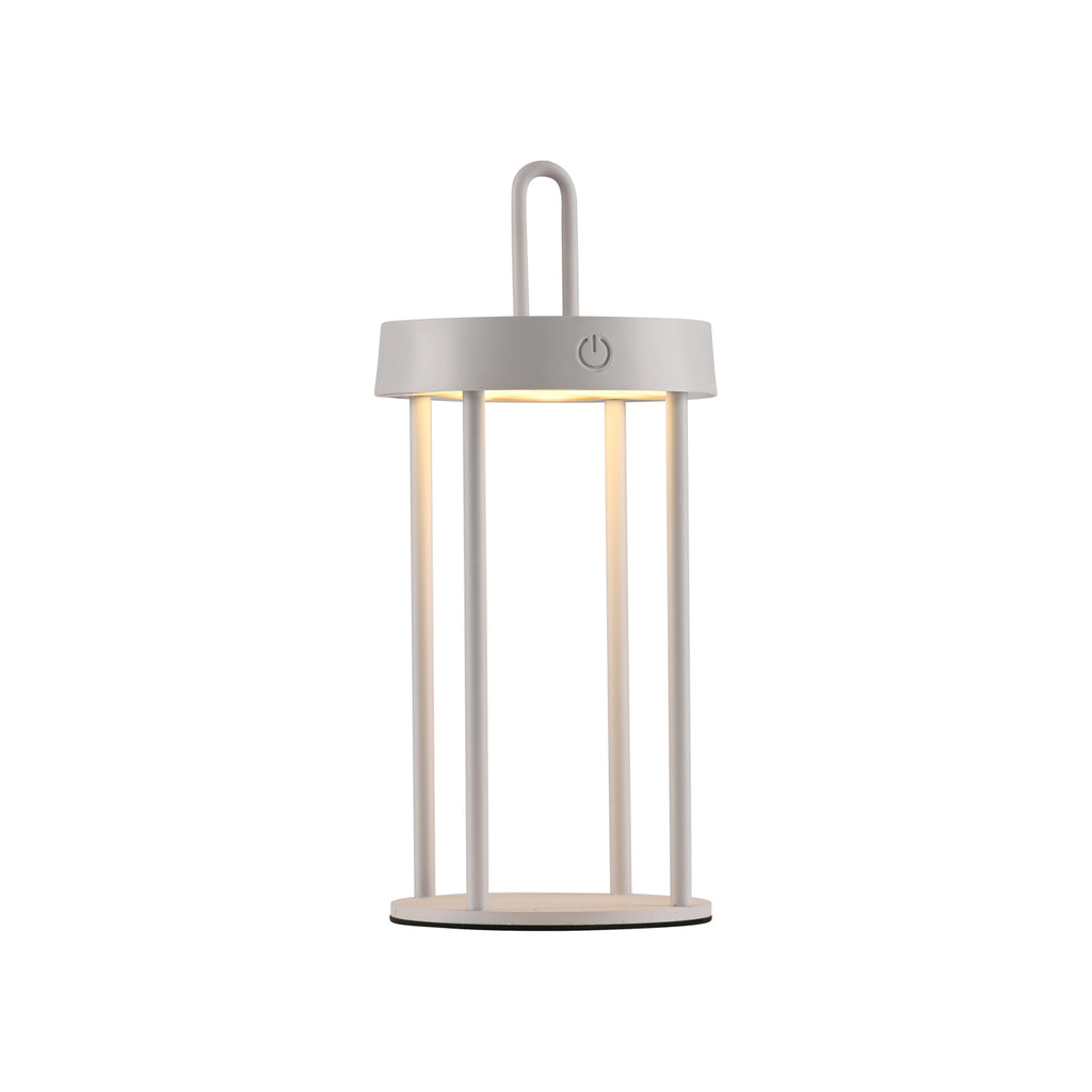 LED oppladbar bordlampe Anselm jern gråbeige nærbilde av LED-lys