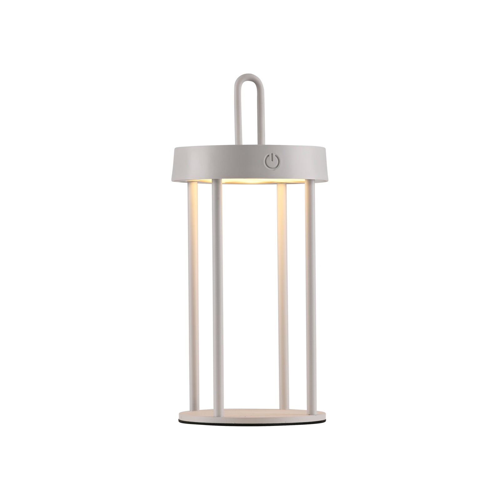 LED oppladbar bordlampe Anselm jern gråbeige nærbilde av LED-lys