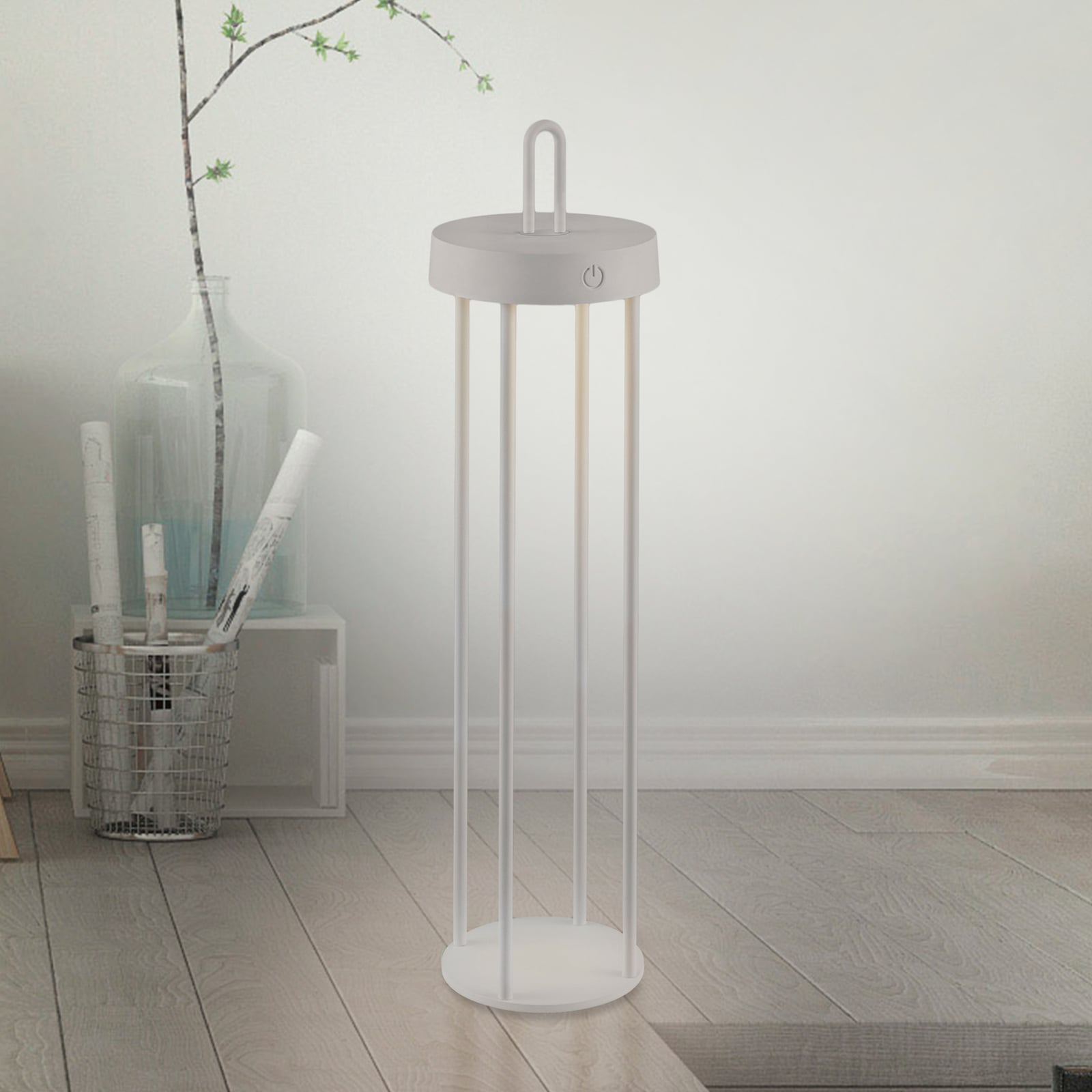 LED oppladbar bordlampe Anselm lanterneform grå-beige forfra