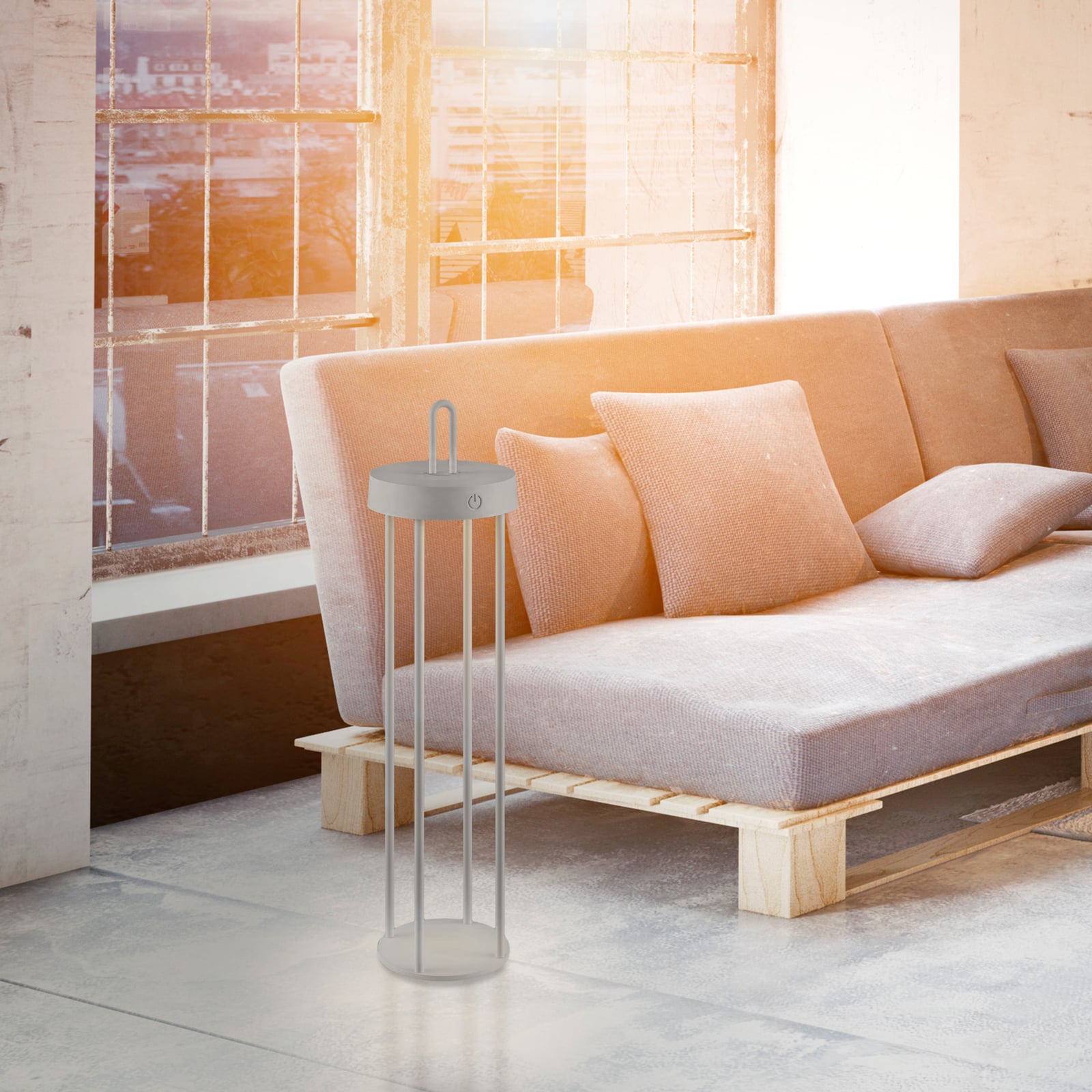 LED oppladbar bordlampe Anselm lanterneform grå-beige bakside