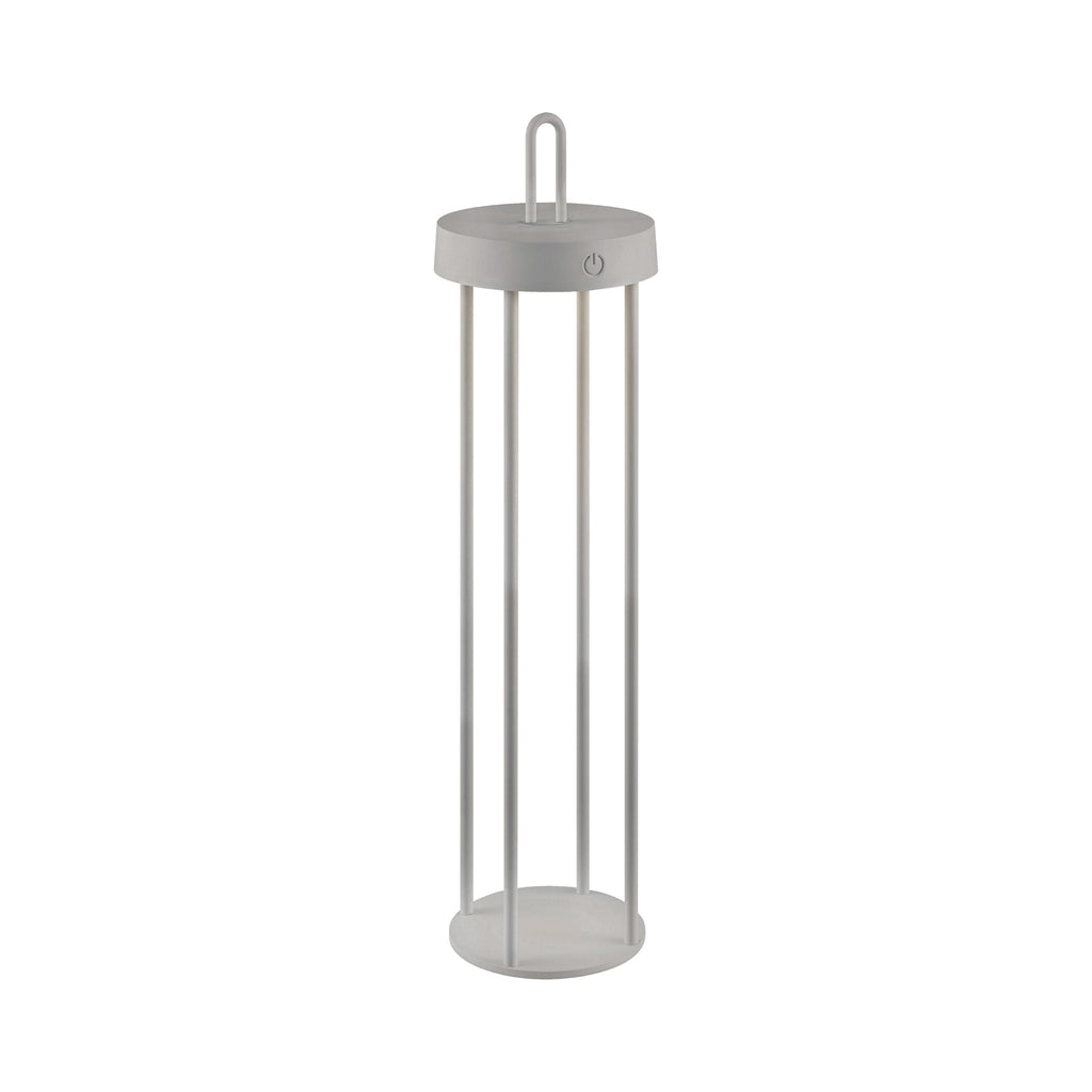 LED oppladbar bordlampe Anselm lanterneform grå-beige montert på bord