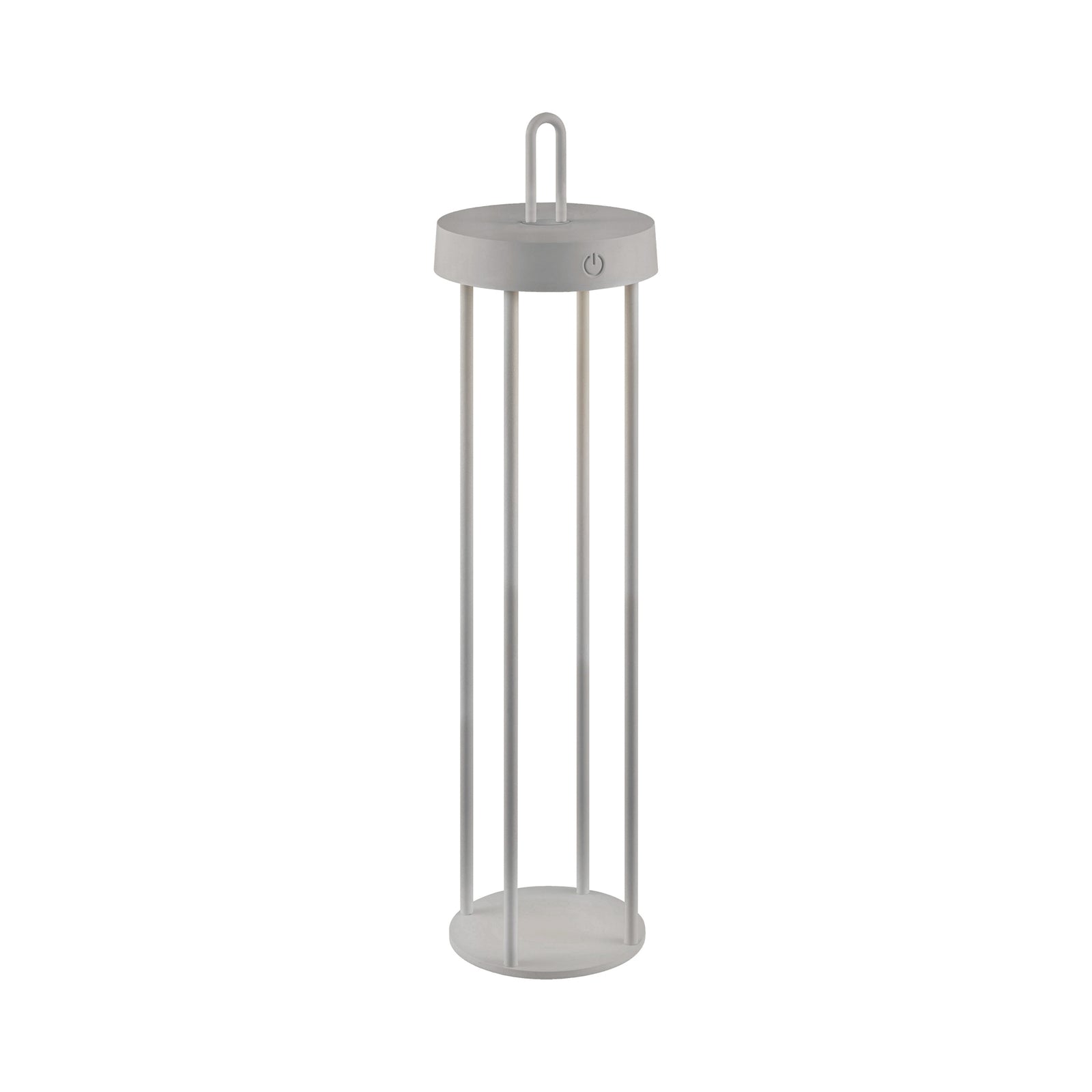 LED oppladbar bordlampe Anselm lanterneform grå-beige montert på bord