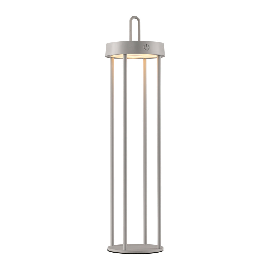 LED oppladbar bordlampe Anselm lanterneform grå-beige nærbilde av håndtak