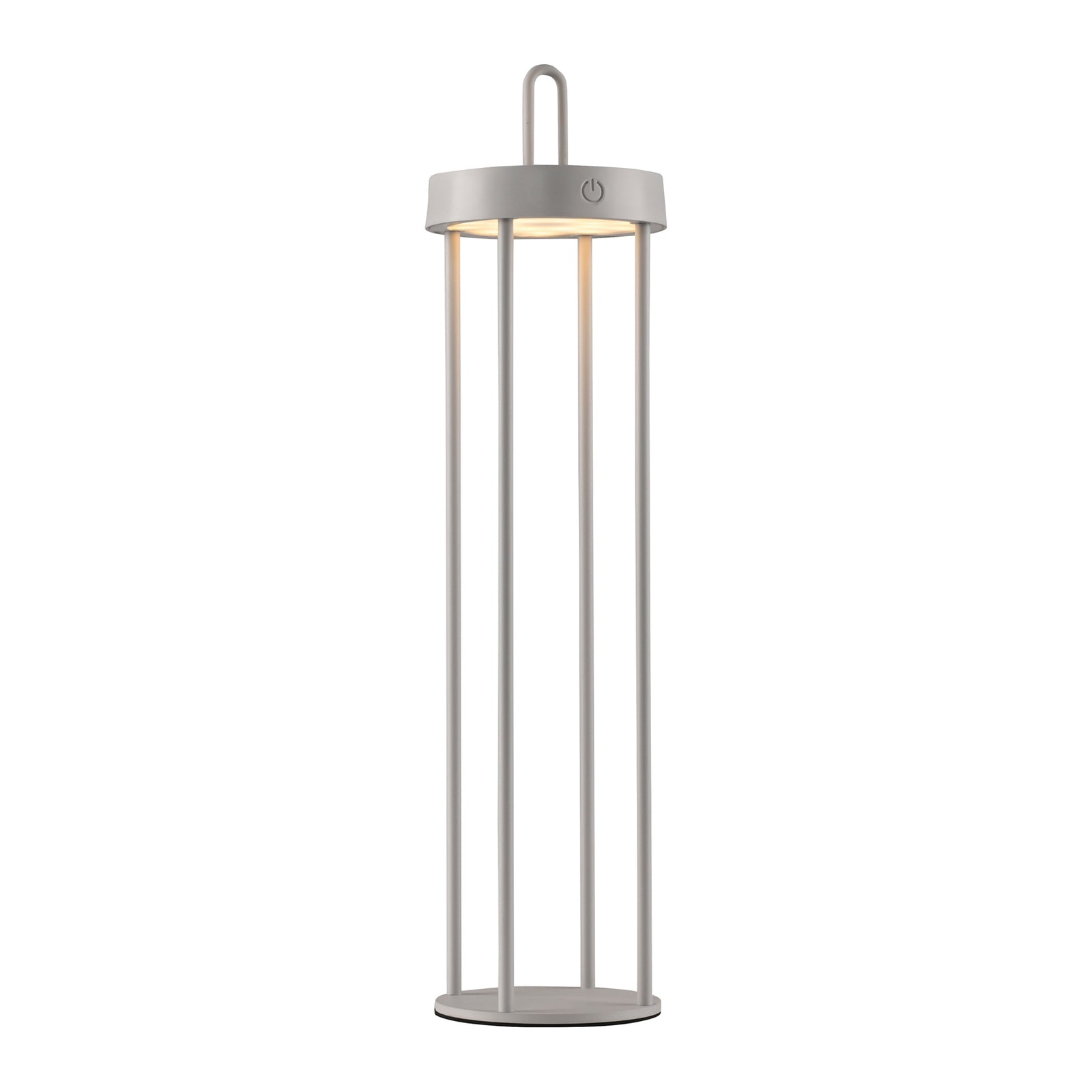LED oppladbar bordlampe Anselm lanterneform grå-beige nærbilde av håndtak