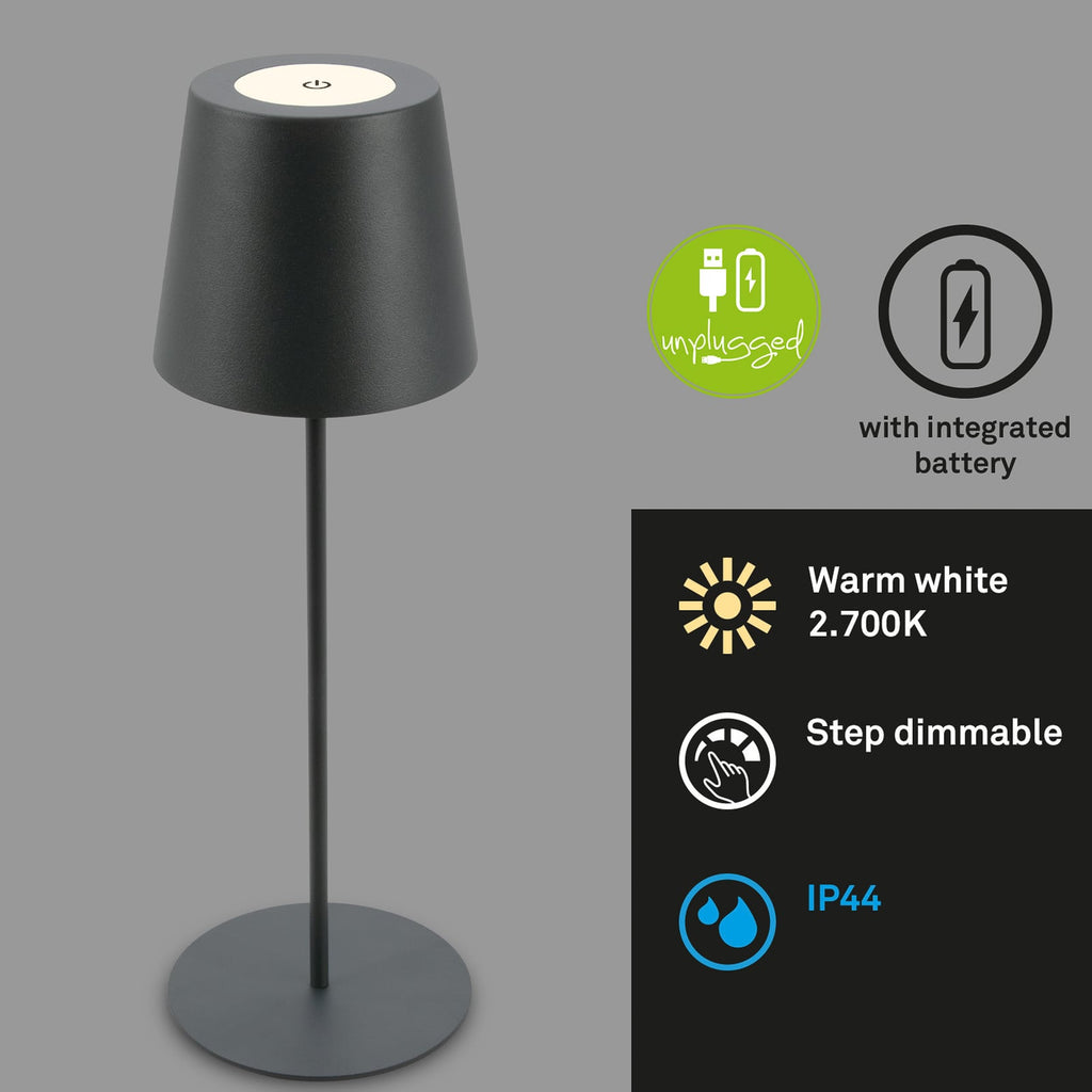 LED oppladbar bordlampe antrasitt dimbar IP44 2700K bakside