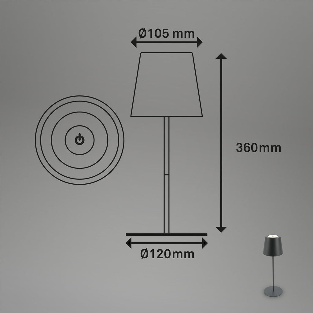 LED oppladbar bordlampe antrasitt dimbar IP44 2700K detalj av touchdimmer