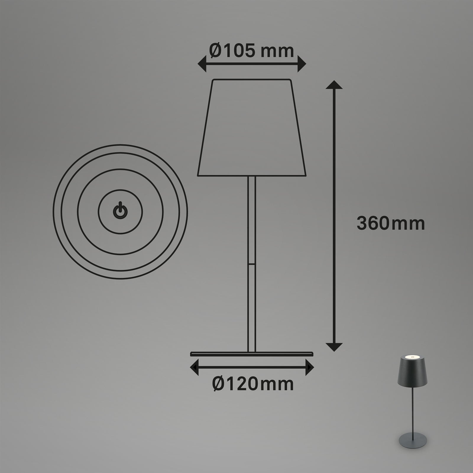 LED oppladbar bordlampe antrasitt dimbar IP44 2700K detalj av touchdimmer