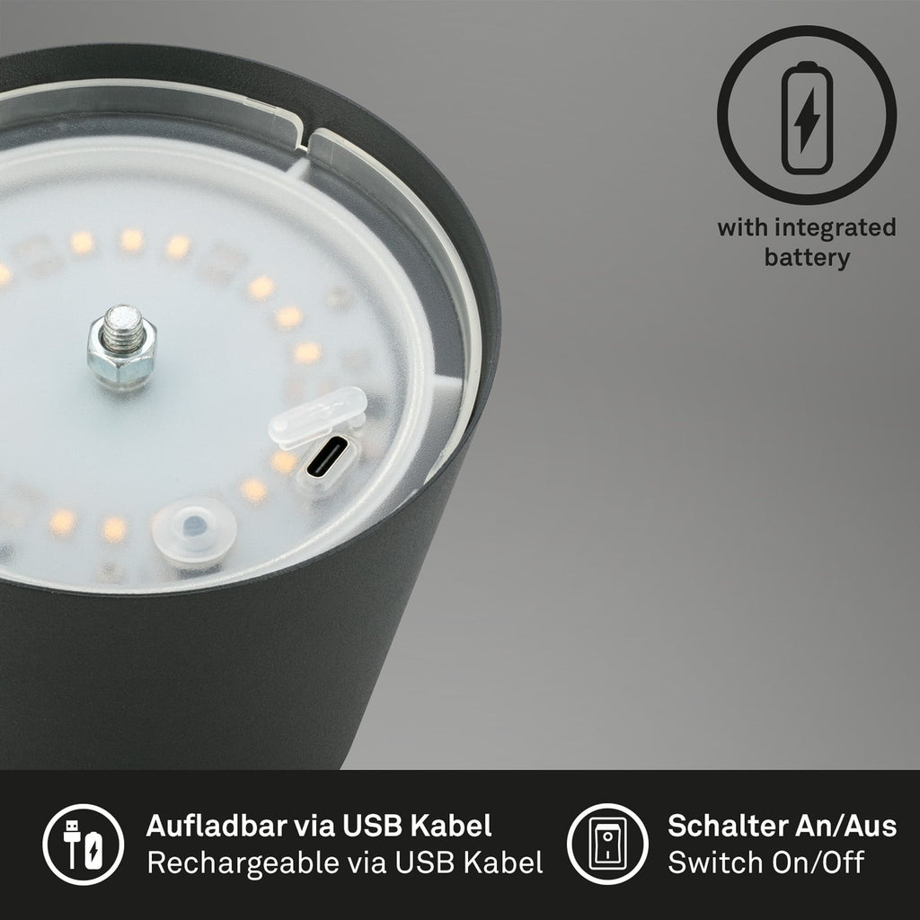 LED oppladbar bordlampe antrasitt dimbar IP44 2700K lysutslipp nedover