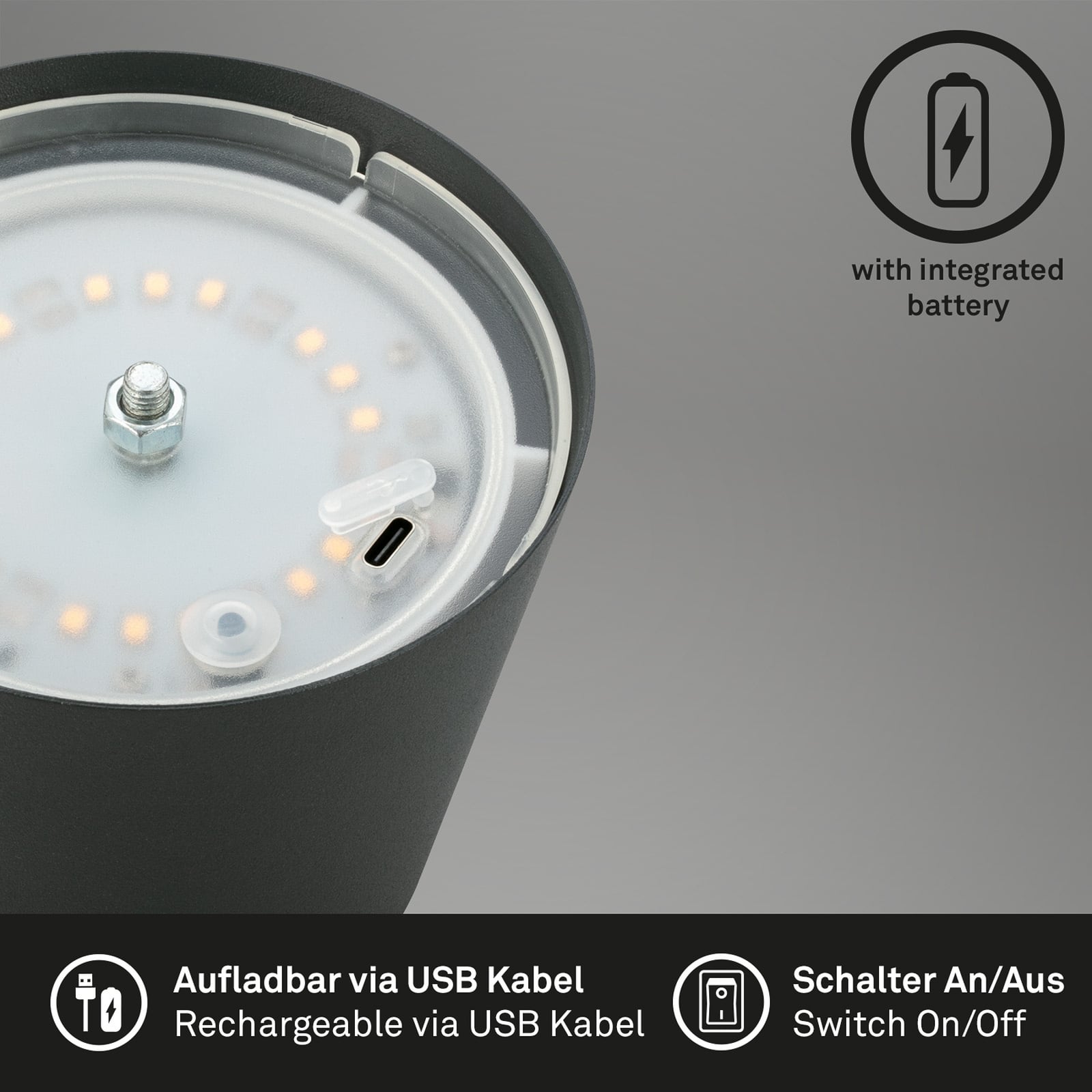 LED oppladbar bordlampe antrasitt dimbar IP44 2700K lysutslipp nedover