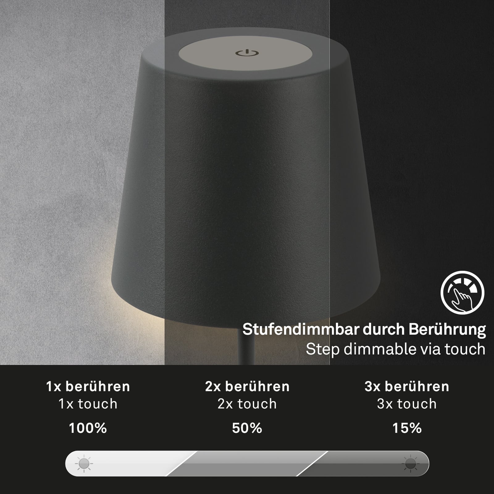 LED oppladbar bordlampe antrasitt dimbar IP44 2700K monteringsstenger