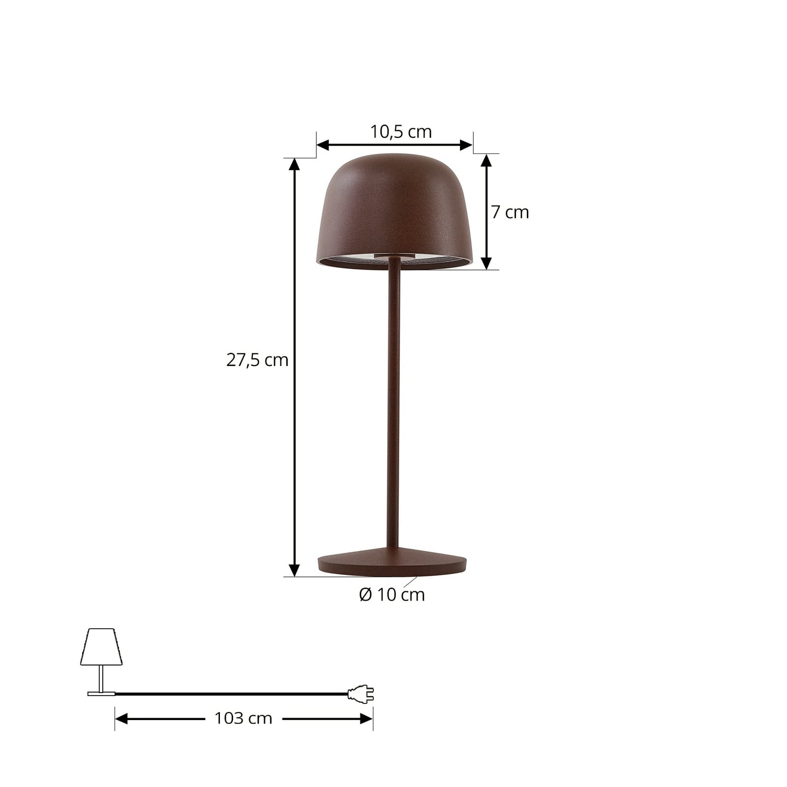 LED oppladbar bordlampe Arietty dimbar rustbrun IP65 montert på terrasse
