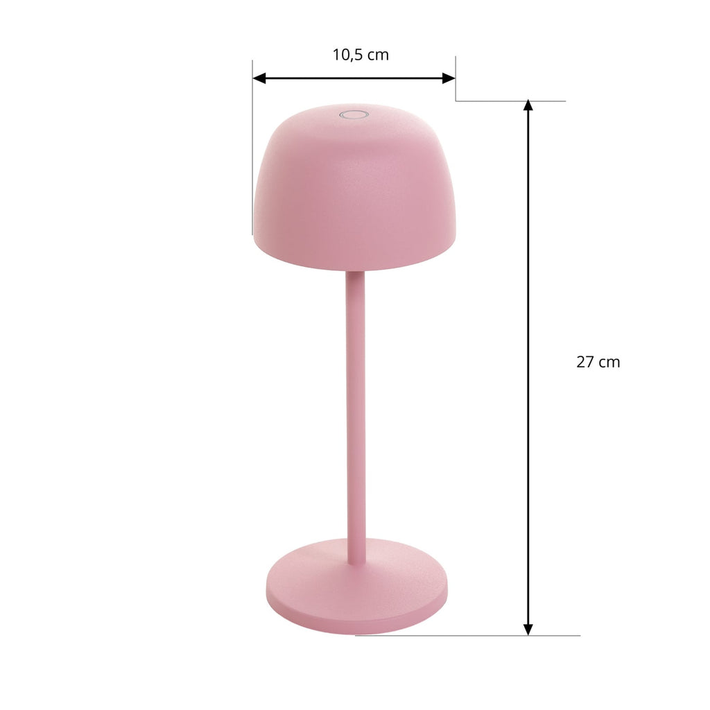 LED oppladbar bordlampe Arietty rosa dimbar IP54 montert på bord