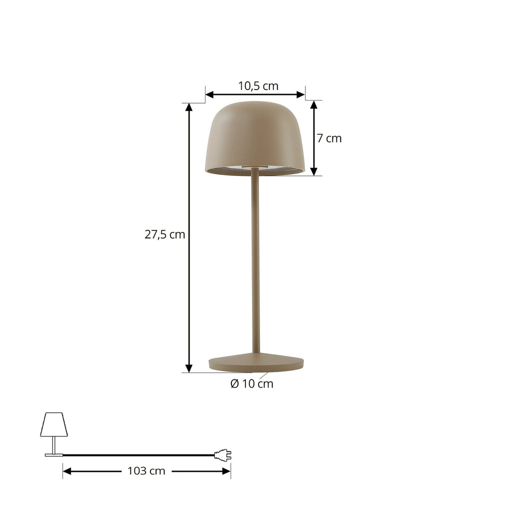 LED oppladbar bordlampe Arietty sandbeige dimbar IP65 montert på terrasse