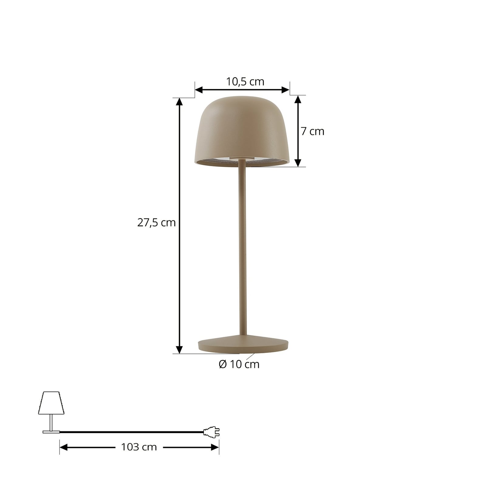 LED oppladbar bordlampe Arietty sandbeige dimbar IP65 montert på terrasse