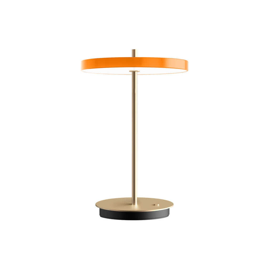 LED oppladbar bordlampe Asteria Move orange/messing Ø20 cm detalj av lampefot