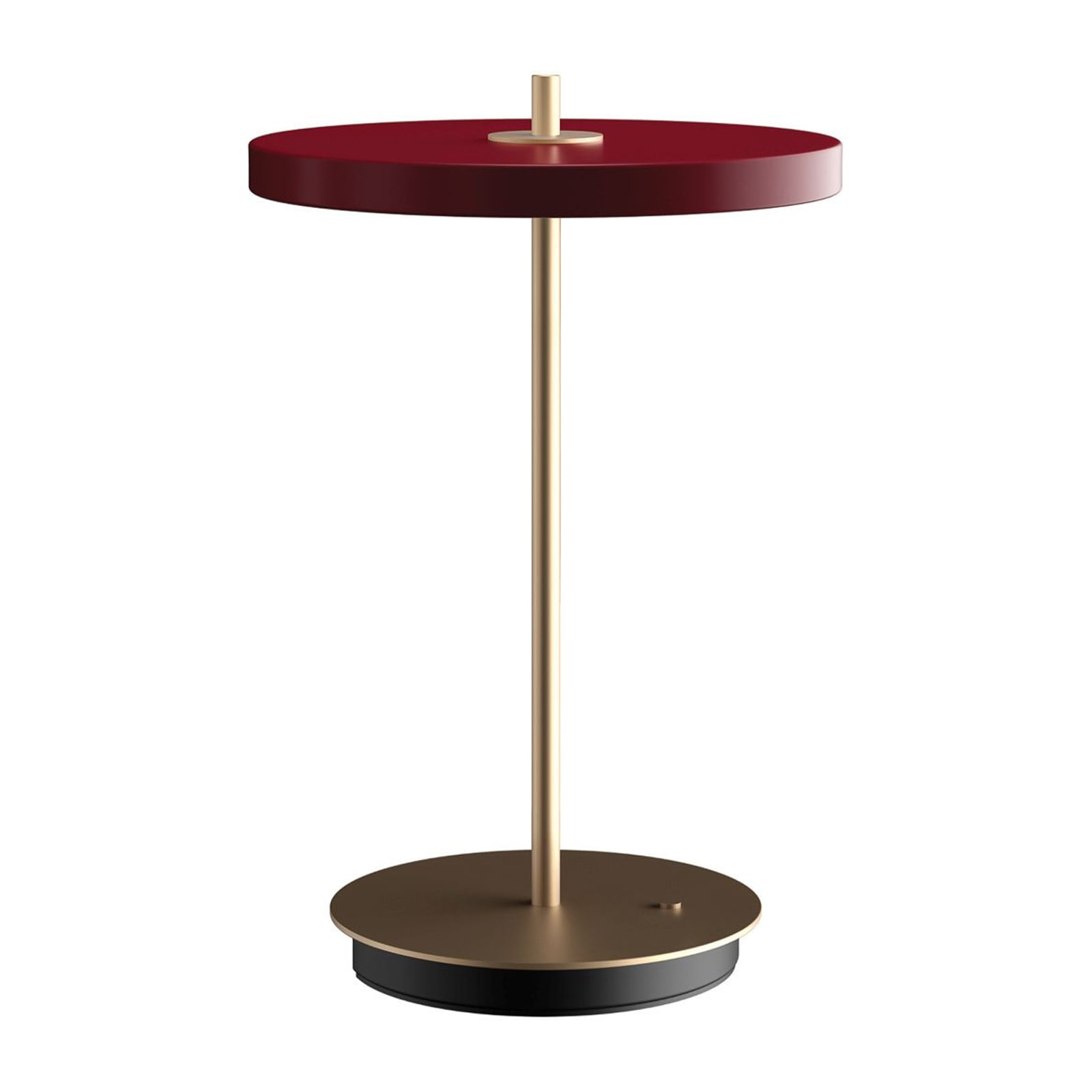 LED oppladbar bordlampe Asteria Move rubinrød/messing detalj av lampefot