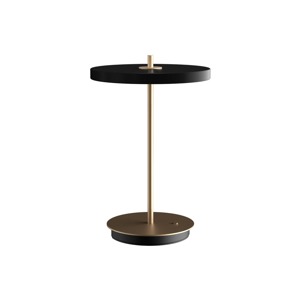 LED oppladbar bordlampe Asteria Move svart/messing Ø20 cm detalj